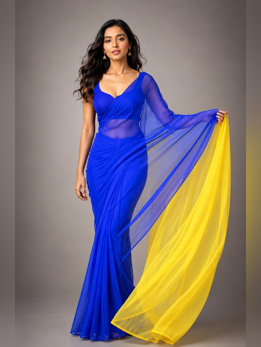 Blue Yellow Faux Georgette 1-Minute Pre-Pleated Saree Set